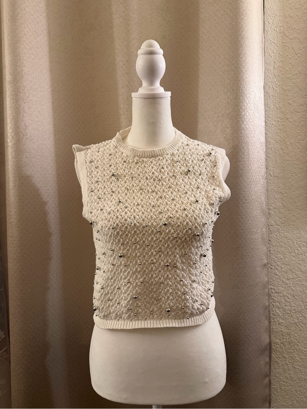Zara Cream Beaded Sleeveless Knit Tank